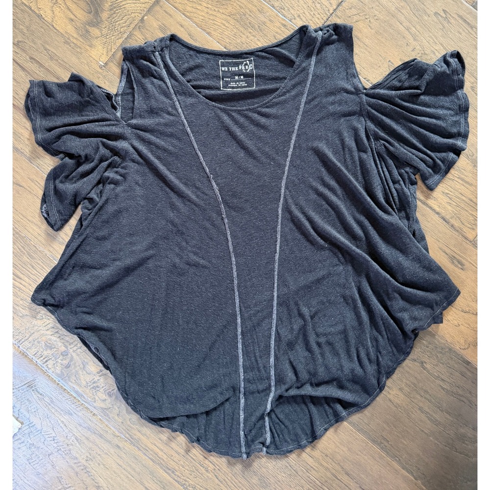 We The Free Free‎ People Cold Shoulder Ruffle Sleeve Top Black Charcoal Wash M